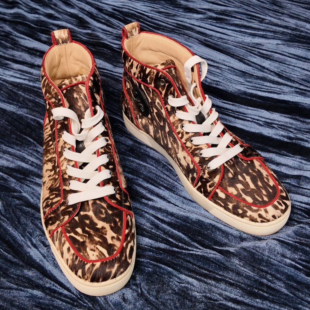 Christian Louboutin, size 41 = US9 mens, pony hair red, black and white